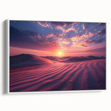 Framed canvas wall art showcasing a serene desert landscape design with warm earthy tones, ideal for modern home decor. The piece features a white frame and side view display, enhancing its elegance and style.