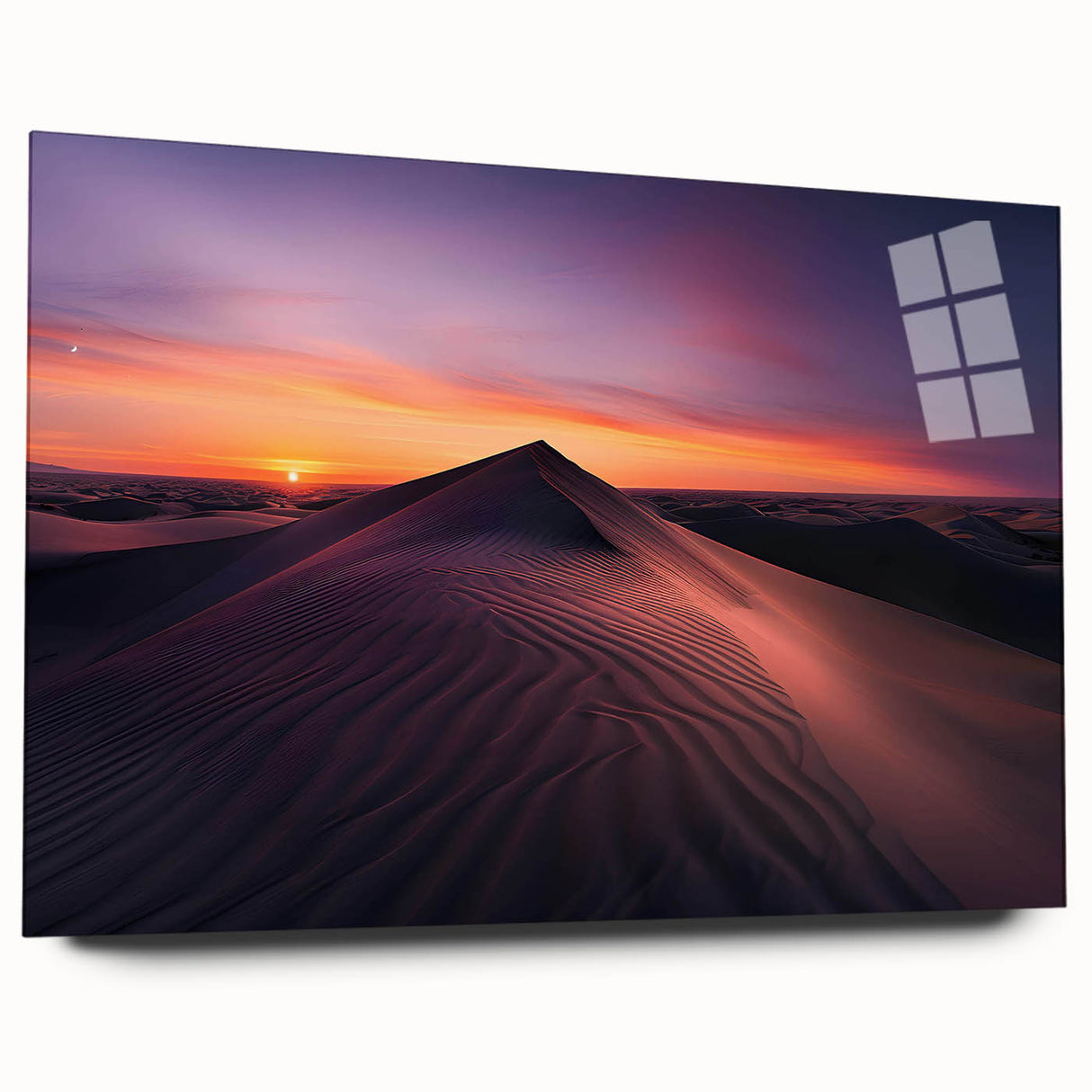 Acrylic glass wall art featuring a vibrant desert landscape design with bold colors and intricate details displayed in a sleek side view, ideal for modern decor.