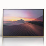 Framed acrylic wall art featuring a vibrant desert landscape design with gold accents, perfect for adding a touch of elegance to modern home decor.