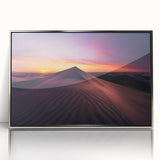 Framed acrylic wall art showcasing a stunning desert landscape with vibrant colors and intricate details, perfect for modern home décor. Silver frame enhances the artwork's elegance, making it a focal point in any room.