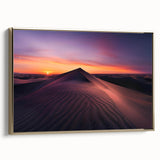 Framed canvas wall art featuring a stunning desert landscape design with golden hues, showcasing serene dunes and a tranquil atmosphere, perfect for home decor.