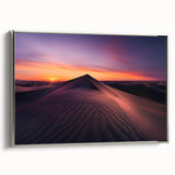Framed canvas wall art showcasing a desert landscape design with vibrant colors and intricate details, set against a sleek silver frame for a modern aesthetic.
