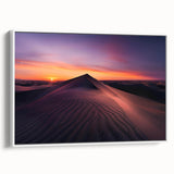 Framed canvas wall art showcasing a serene desert landscape with warm earthy tones, presented in a sleek white frame, ideal for modern home decor.