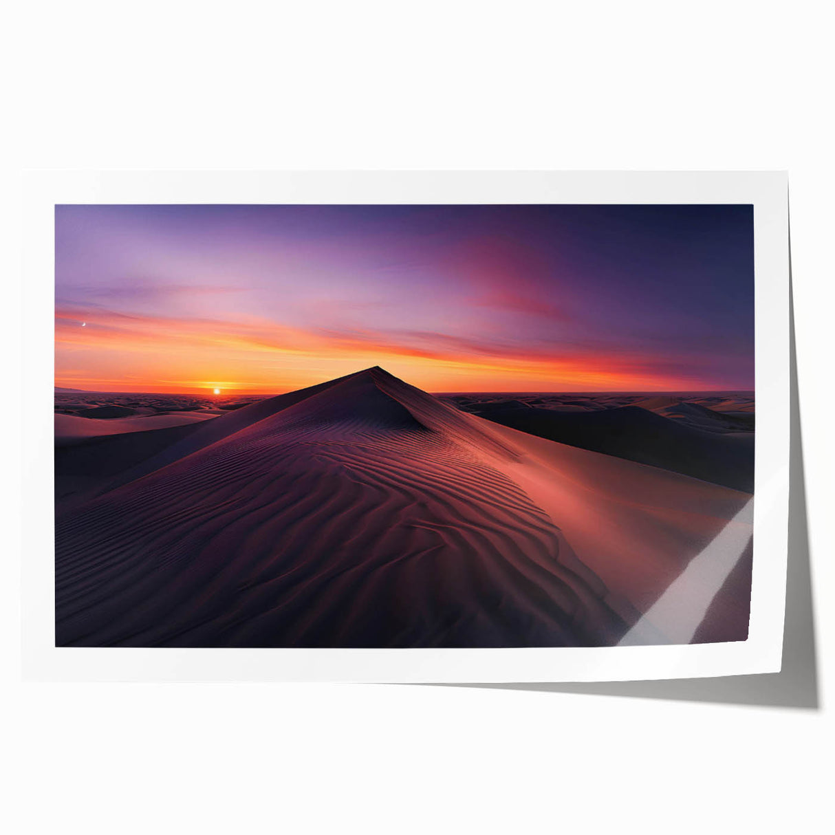 Vibrant desert landscape wall art print featuring warm tones of orange, red, and yellow, rolled and ready to frame for home decor enhancement. Ideal for nature-inspired interiors.