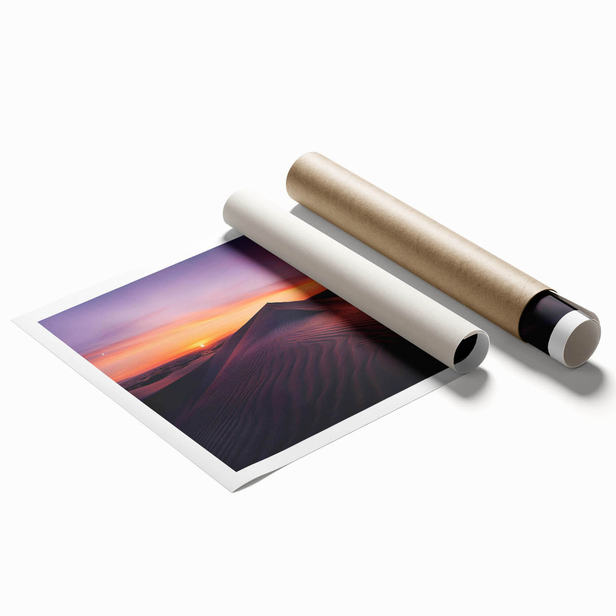 Desert landscape wall art print showcasing vibrant orange and yellow hues, rolled and ready for framing, perfect for adding warmth to contemporary decor.