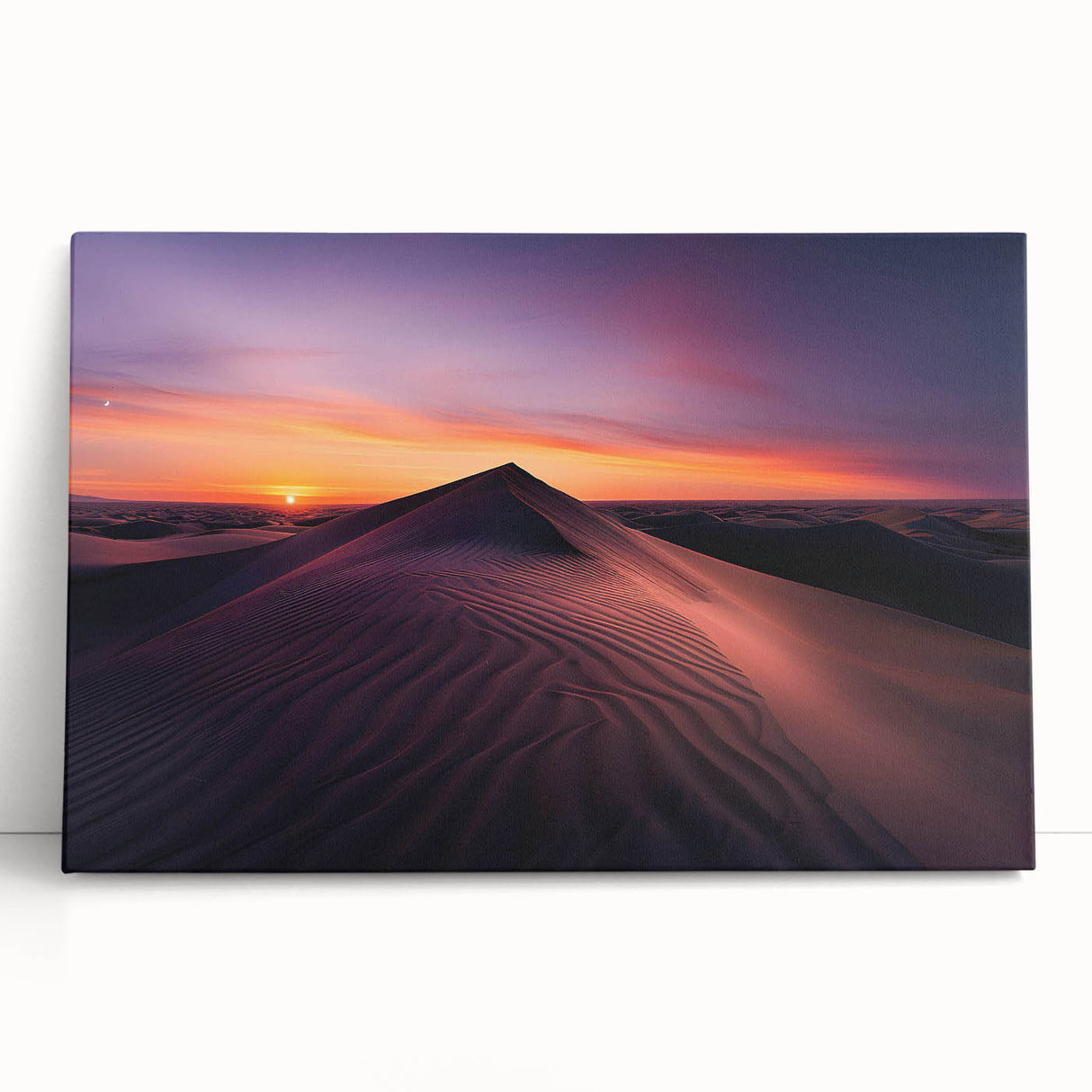 Stretched canvas artwork showcasing a vibrant desert landscape with warm hues of orange and yellow. Ideal for modern home decor, enhancing any living space.