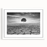 Desert landscape wall art collection framed in white with a mat, showcasing vibrant tones of orange and yellow depicting a serene sunset over sand dunes. Perfect for enhancing modern decor.