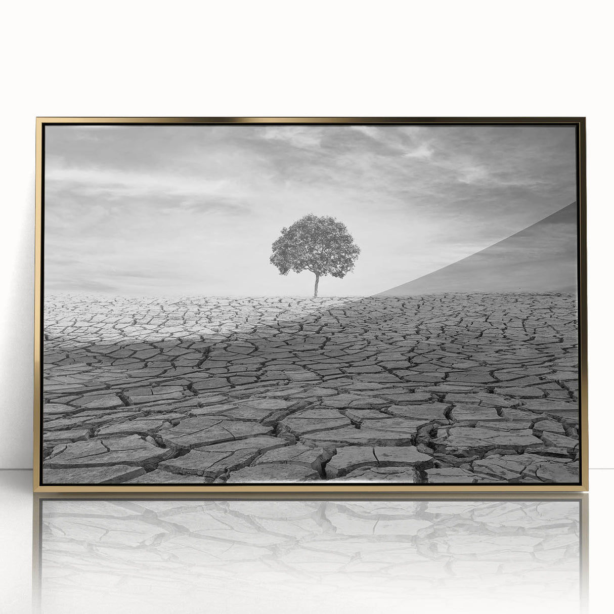 Framed acrylic wall art showcasing a stunning desert landscape design, featuring rich gold accents and vibrant colors, perfect for modern home decor.