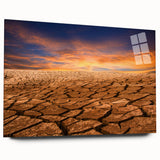 Acrylic glass wall art showcasing a stunning desert landscape design, featuring warm hues of orange and yellow, with a side view highlighting its sleek, modern frame. Perfect for enhancing contemporary interiors.