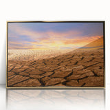 Framed acrylic wall art showcasing a desert landscape design with vibrant gold accents, perfect for modern home decor, emphasizing natural beauty and tranquility.