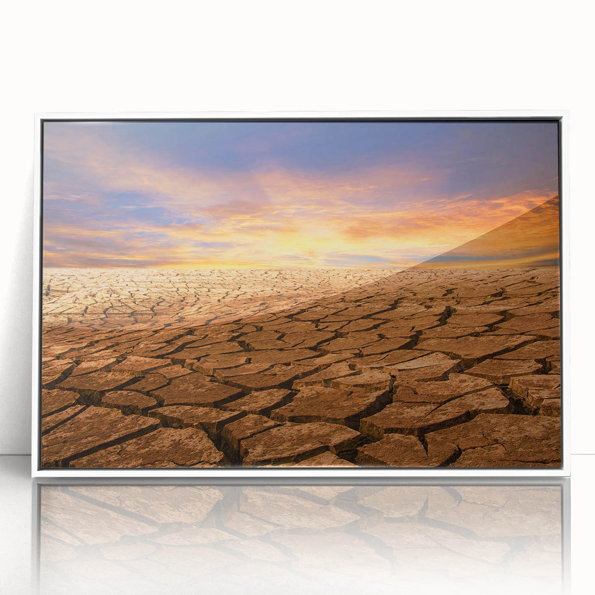 Framed wall art collection featuring a stunning desert landscape design with vibrant colors and detailed textures, showcased in a sleek white frame for modern decor.