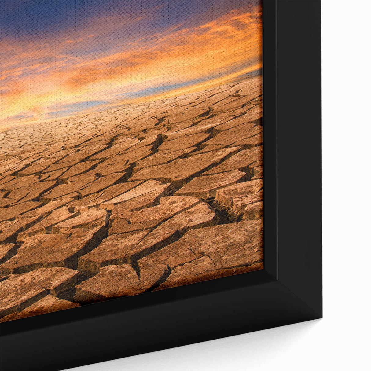 Close-up of a framed canvas wall art piece showcasing a vibrant desert landscape design, featuring warm earth tones and intricate details, ideal for modern home decor.