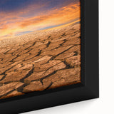 Close-up of a framed canvas wall art piece showcasing a vibrant desert landscape design, featuring warm earth tones and intricate details, ideal for modern home decor.