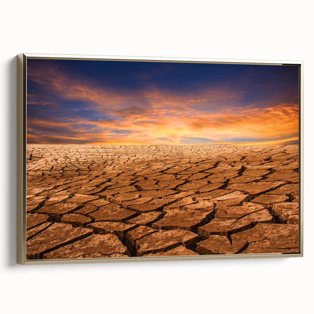 Framed canvas wall art showcasing a stunning desert landscape with golden hues, perfect for adding warmth to any modern interior decor.