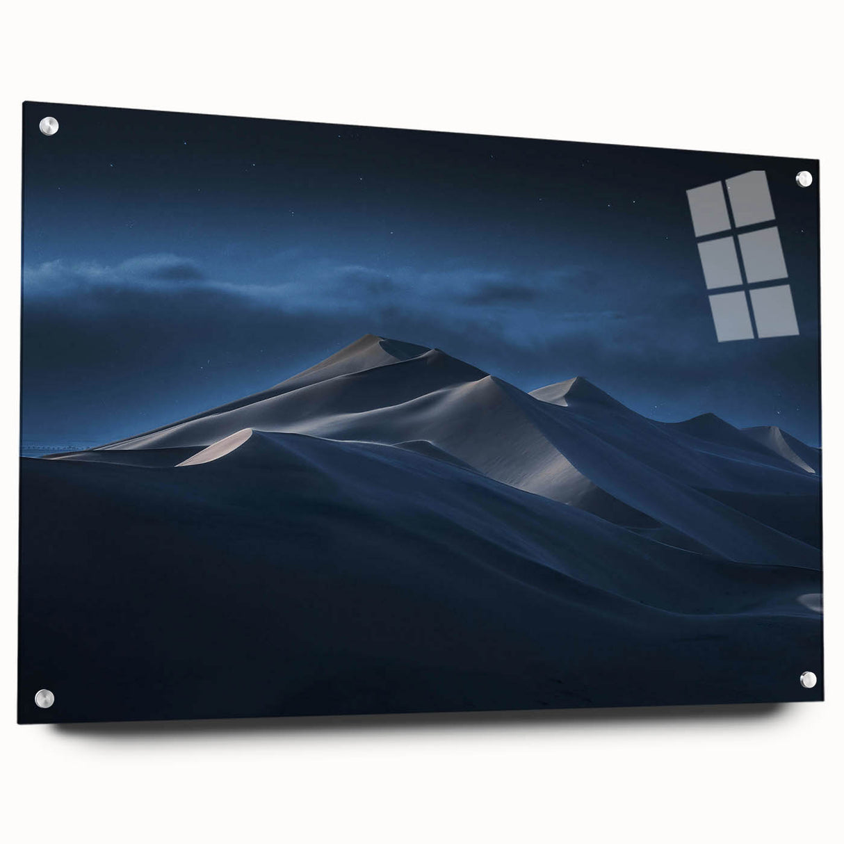 Acrylic glass wall art featuring a stunning dunes landscape design, showcasing warm sand tones and intricate textures, elegantly displayed from a side view with mounting pins for easy installation.