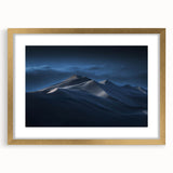 Framed wall art featuring a serene landscape of sand dunes, elegantly presented with a gold mat. This high-quality print enhances any modern decor with its calming colors and intricate details, perfect for living spaces or offices.