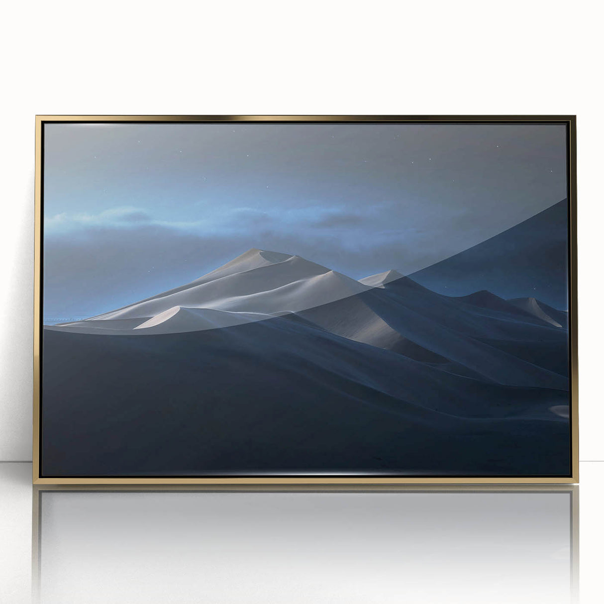 Framed acrylic wall art featuring a stunning desert dune landscape with golden hues, perfect for home decor to enhance modern interiors. Ideal for art enthusiasts.