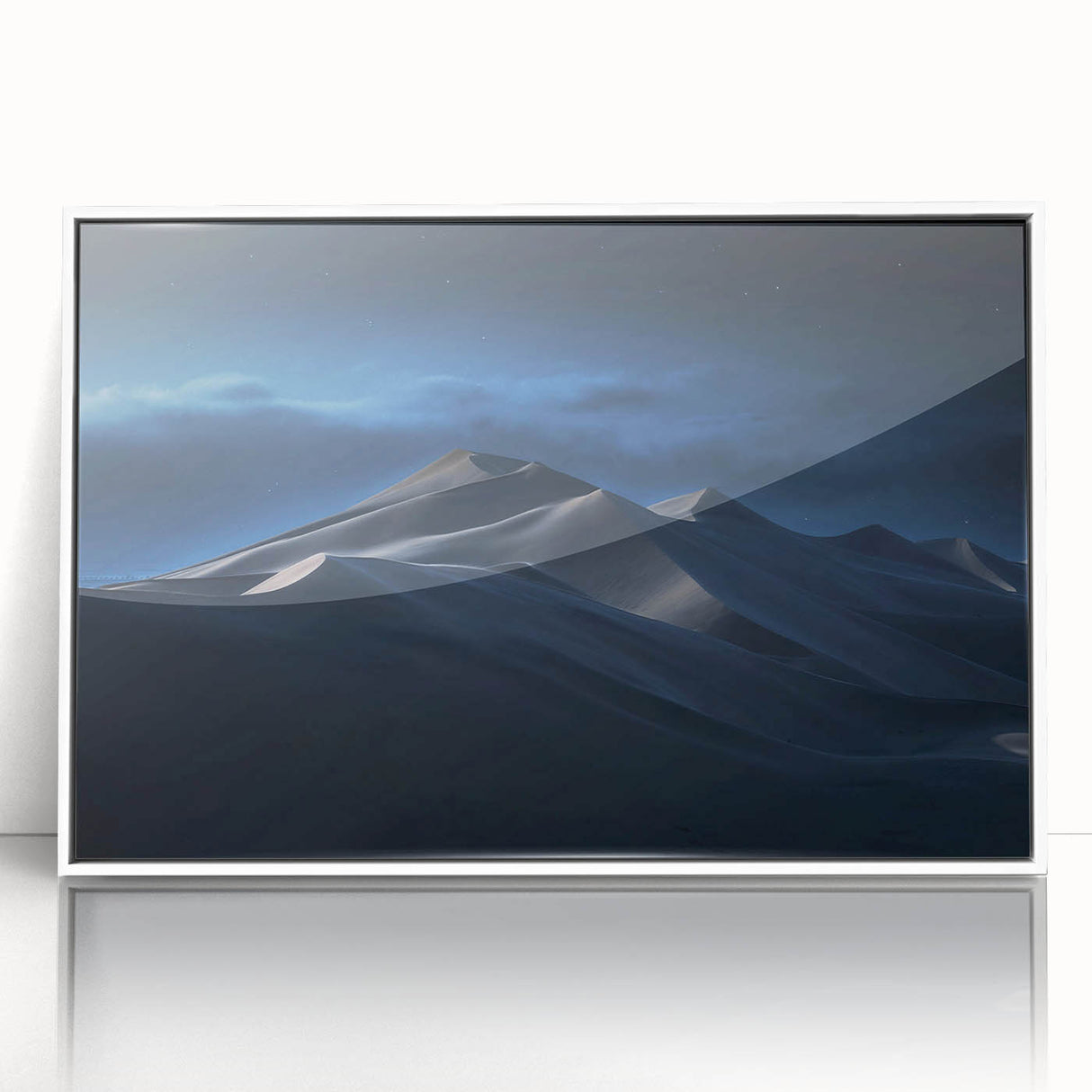 Framed acrylic wall art showcasing a serene desert landscape with golden dunes and a blue sky, perfect for enhancing modern home decor.