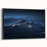 Framed canvas wall art showcasing a stunning desert dune landscape with warm beige and golden tones, enhancing modern home decor with a sleek black frame.