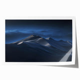 Vibrant wall art print showcasing a serene desert landscape with rolling sand dunes at sunset, emphasizing warm golden tones and soft shadows, perfect for home decor.