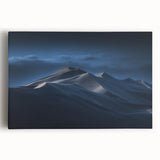 Stretched canvas wall art showcasing a serene desert landscape with rolling sand dunes and a vibrant sunset, perfect for modern home decor.
