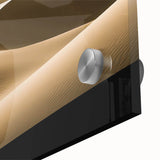 Close-up view of an acrylic glass wall art piece showcasing a stunning desert dune landscape, highlighting soft beige and warm orange hues, ideal for modern home decor.