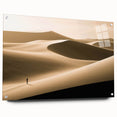 Acrylic glass wall art featuring a stunning desert dunes landscape design, showcased from a side view with pins, emphasizing vibrant colors and intricate details.
