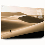 Acrylic glass wall art featuring a stunning desert dunes landscape design, showcased from a side view with pins, emphasizing vibrant colors and intricate details.