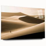 Acrylic glass wall art featuring a serene landscape of sand dunes in warm tones, designed without pins for a sleek side view display, perfect for modern decor.