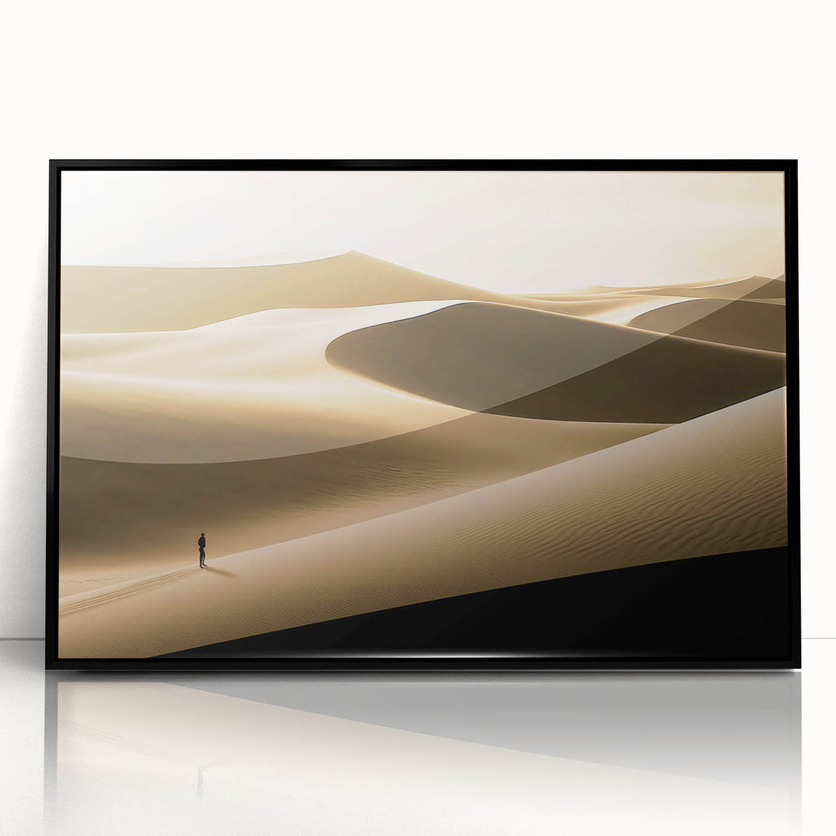 Framed acrylic wall art showcasing a serene desert dune landscape design, featuring soft golden and beige tones, ideal for modern home decor.