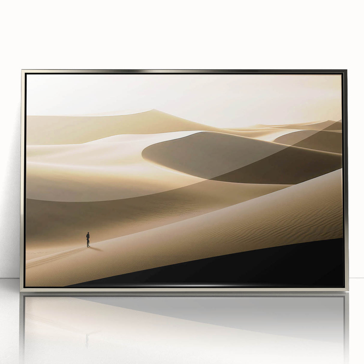 Framed wall art collection showcasing serene desert dunes design in silver-acrylic frame, perfect for modern home decor and enhancing interior aesthetics.