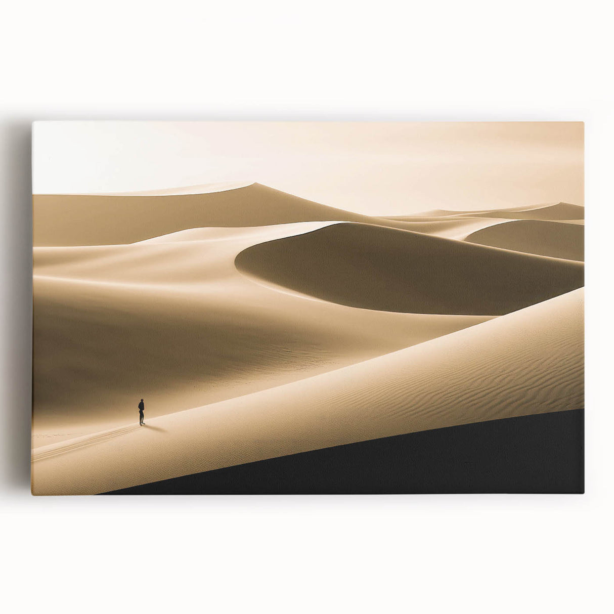Stretched canvas wall art featuring a serene desert landscape with golden dunes under a vibrant sunset sky, ideal for home decor and relaxation themes.