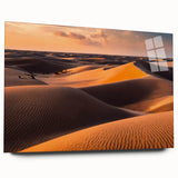 Acrylic glass wall art showcasing a vibrant desert landscape with rolling sand dunes, presented without pins for a sleek side view, ideal for modern decor.