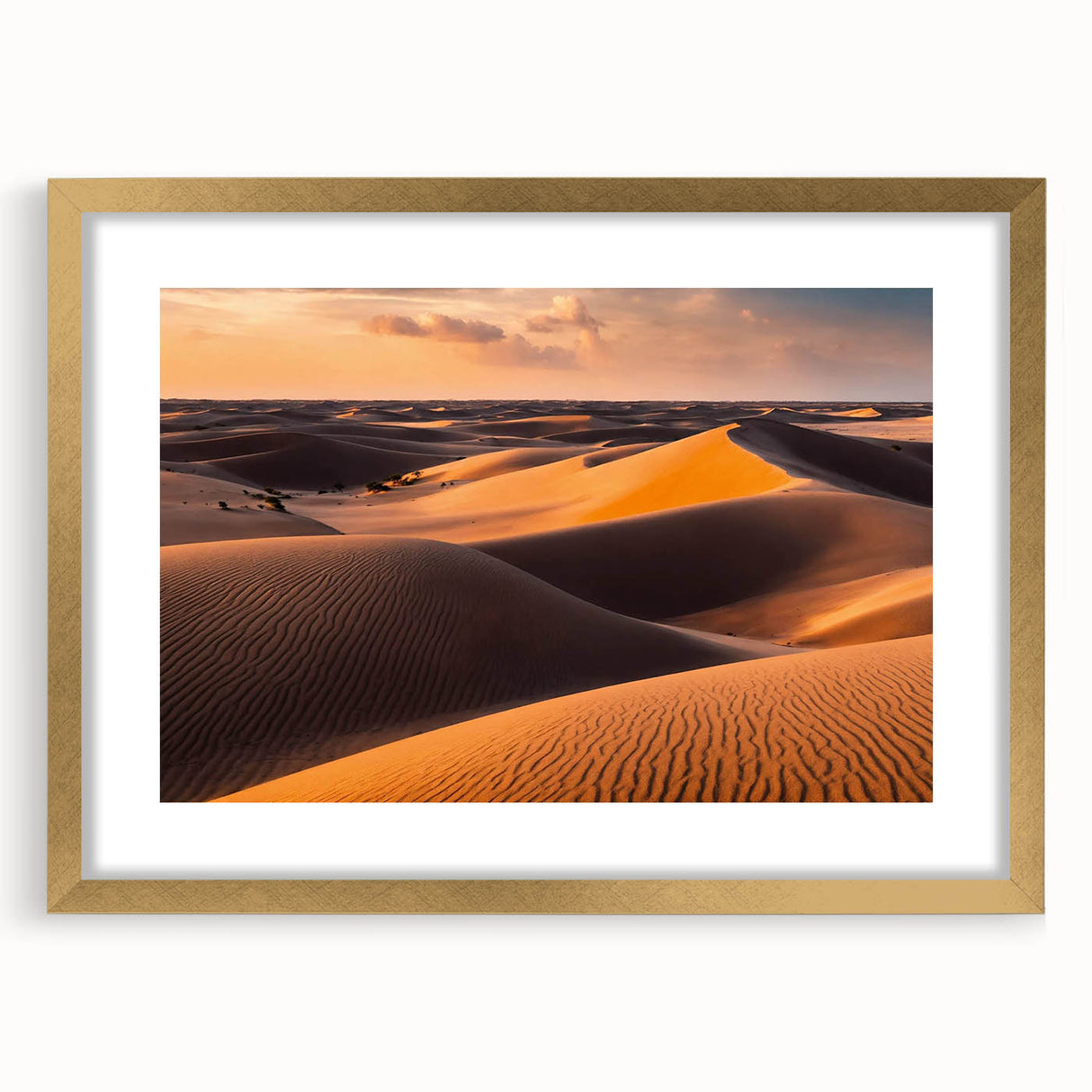 Framed wall art featuring a serene desert landscape with golden dunes, elegantly matted, showcasing a modern design perfect for home decor.