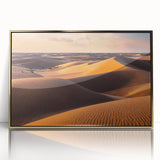 Framed wall art piece showcasing a golden-acrylic landscape of serene sand dunes, perfect for modern home decor. Ideal for adding elegance and warmth to any living space.