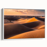 Framed canvas wall art showcasing a serene desert dune landscape design, featuring soft beige and gold tones with a white frame, ideal for modern home decor.