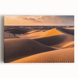Stretched canvas wall art showcasing a serene landscape of rolling sand dunes at sunset, highlighting warm earthy tones and soft gradients, perfect for home decor.
