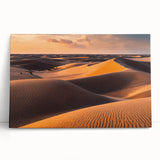 Stretched canvas artwork showcasing a serene desert landscape with soft dunes in warm beige and golden tones, ideal for enhancing modern home decor aesthetics.