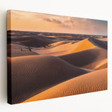 Stretched canvas wall art showcasing a serene desert landscape with rolling dunes and a warm sunset palette, perfect for modern home decor.