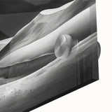 Close-up of a vibrant acrylic glass wall art featuring a stunning desert landscape with golden dunes and a clear blue sky, perfect for modern home decor.