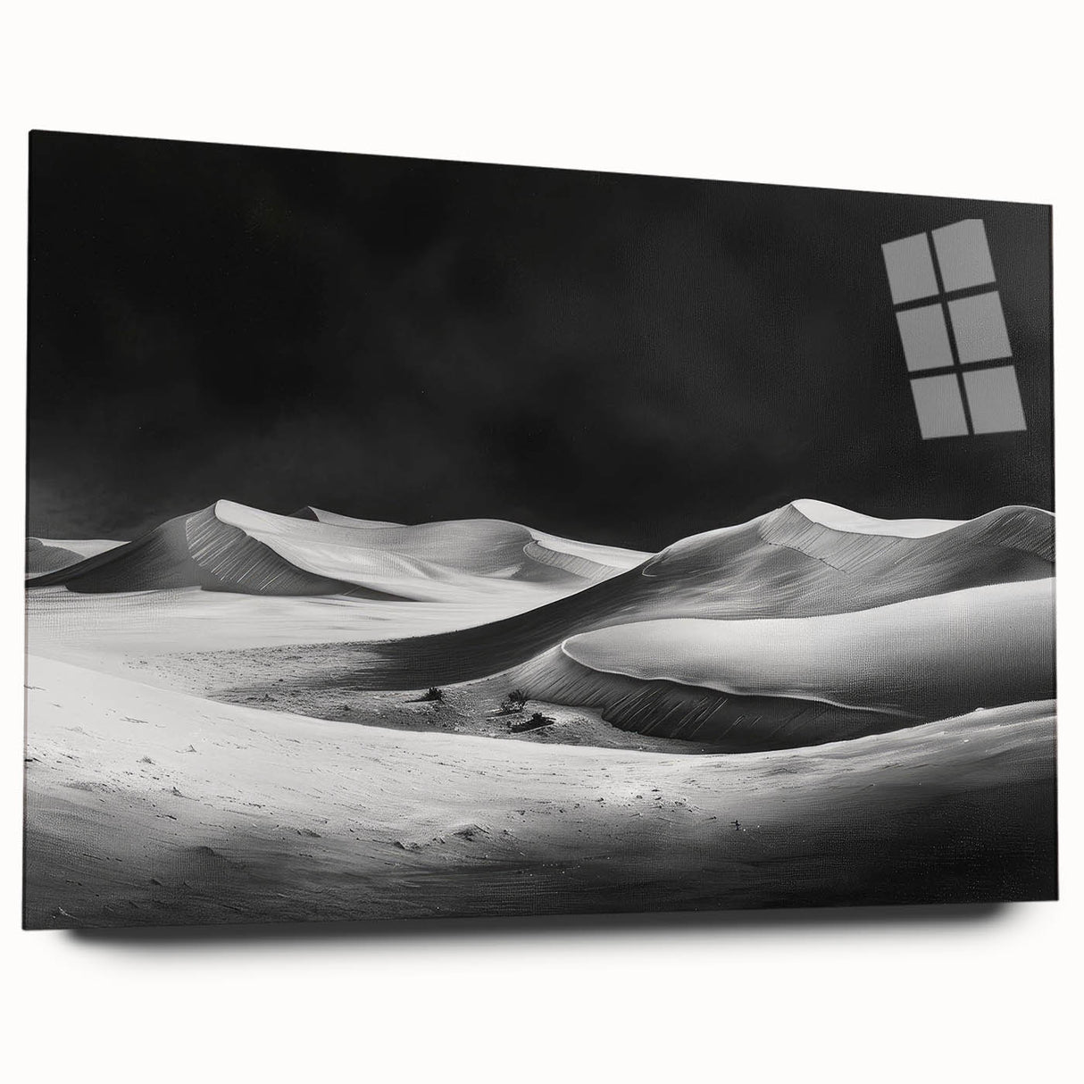 Acrylic glass wall art featuring a stunning desert landscape with vibrant dunes in warm hues, presented in a sleek, modern frame ideal for contemporary decor.