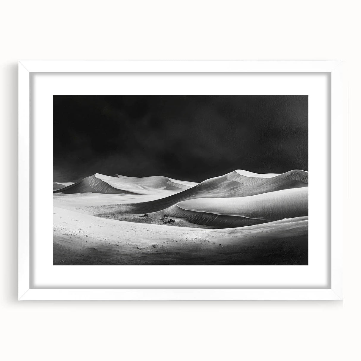 Framed wall art depicting serene sand dunes in a minimalist design, featuring a white mat and frame, perfect for modern home decor and enhancing interior spaces.