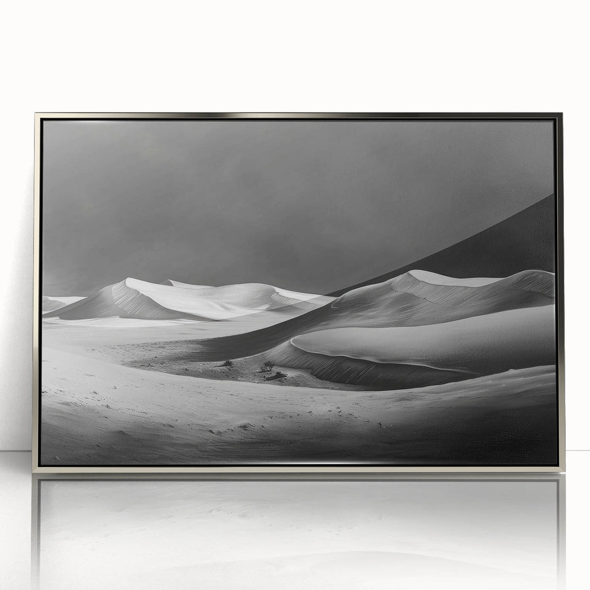 Framed acrylic wall art showcasing a serene desert landscape with golden dunes and a vibrant sunset, elegantly designed to enhance modern interiors.