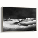 Framed canvas wall art featuring a serene dune landscape design in silver tones, emphasizing gentle curves and soft textures, ideal for modern home decor.