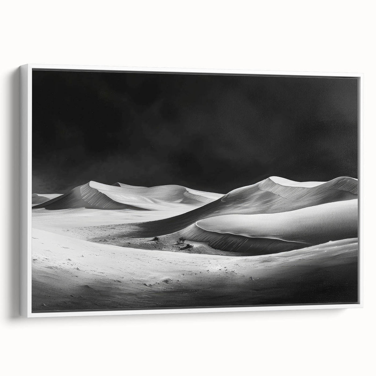 Framed canvas wall art showcasing a serene landscape of sand dunes, featuring soft beige and golden hues, perfect for enhancing modern home decor.