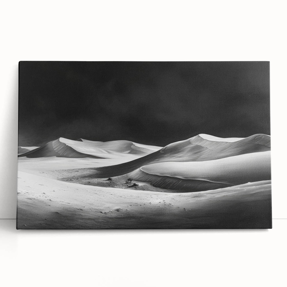 Stretched canvas wall art showcasing a serene desert landscape with soft sand dunes and a pastel sunset, ideal for enhancing modern home decor.