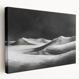 Stretched canvas wall art showcasing a serene landscape of sand dunes at sunset, featuring warm hues of orange and yellow, perfect for enhancing modern home decor.