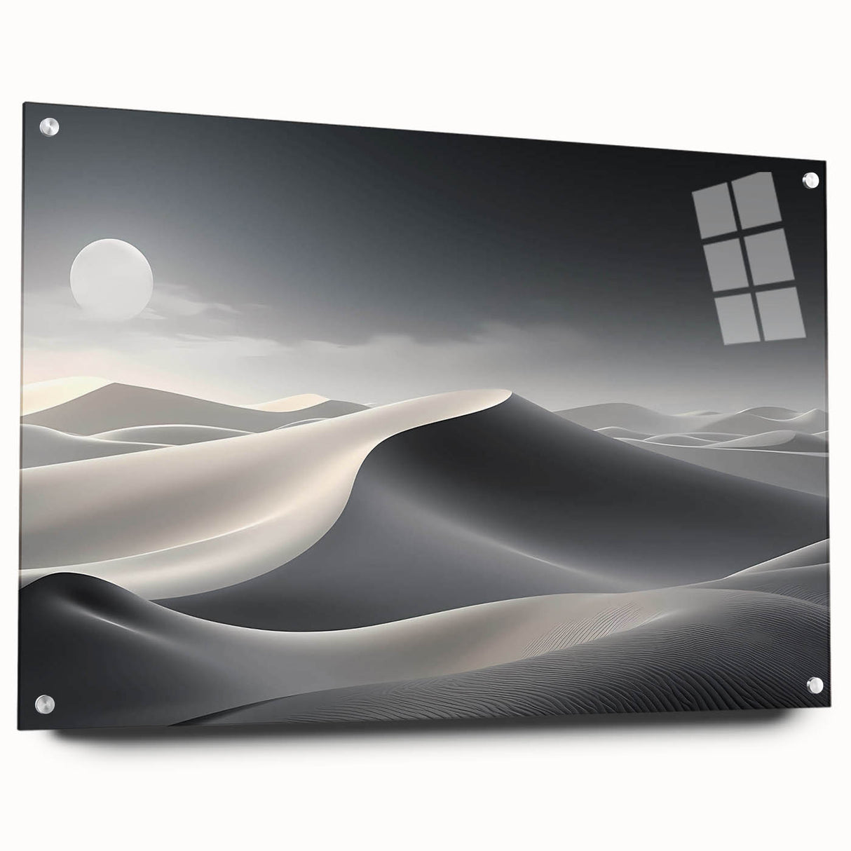Acrylic wall art featuring a serene desert landscape with golden dunes and a clear blue sky, displayed from a side view with decorative pins for mounting. This piece enhances any living space with its vibrant colors and tranquil scene, perfect for nature lovers.