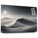 Acrylic wall art featuring a serene desert landscape with golden dunes and a clear blue sky, displayed from a side view with decorative pins for mounting. This piece enhances any living space with its vibrant colors and tranquil scene, perfect for nature lovers.