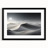 Framed black wall art showcasing a serene desert dunes landscape with soft beige and golden tones, designed to enhance modern home decor aesthetics.